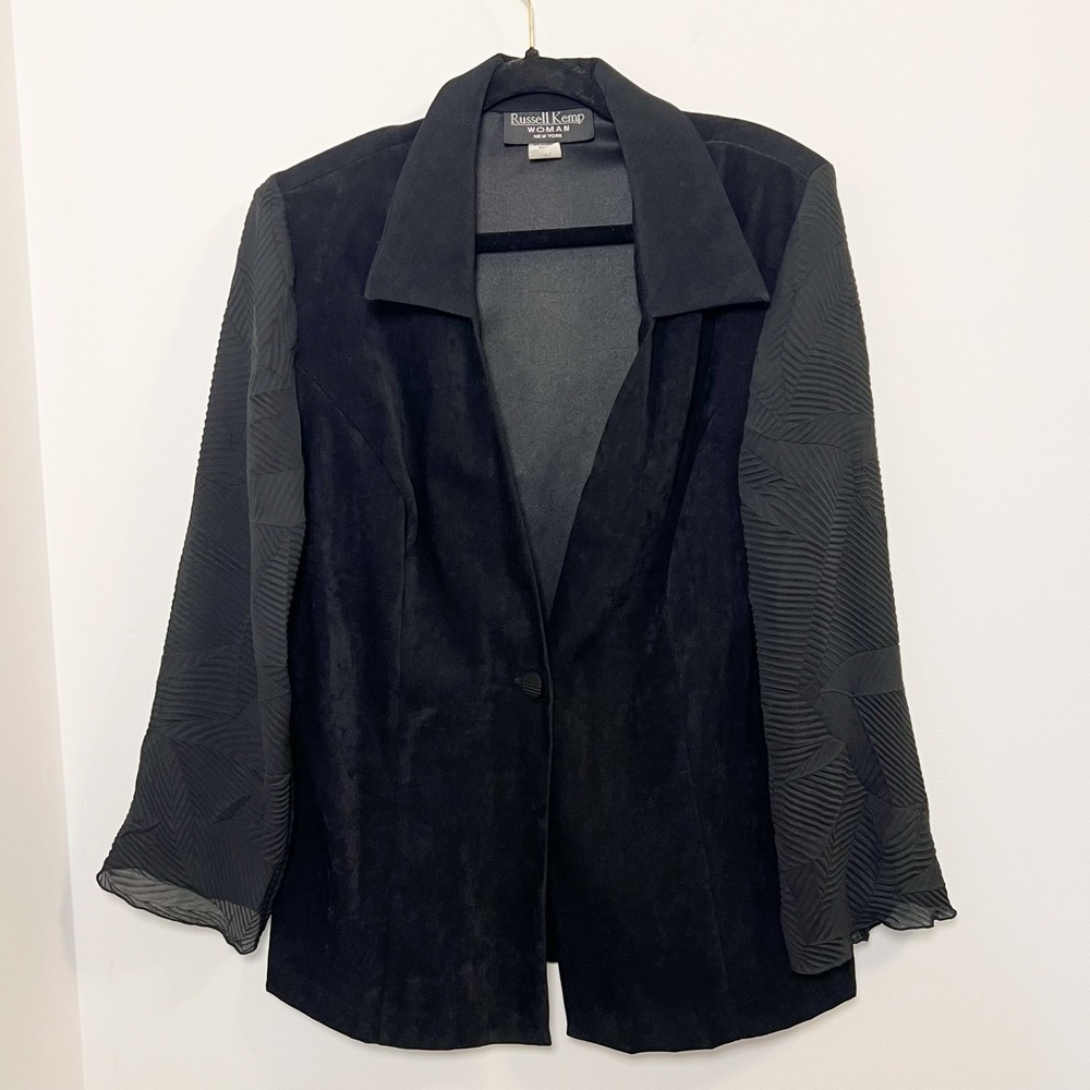 Russell Kemp Black Faux Seude Blazer Jacket Womens Textured‎ Semi Sheer Sleeve - Picture 7 of 10